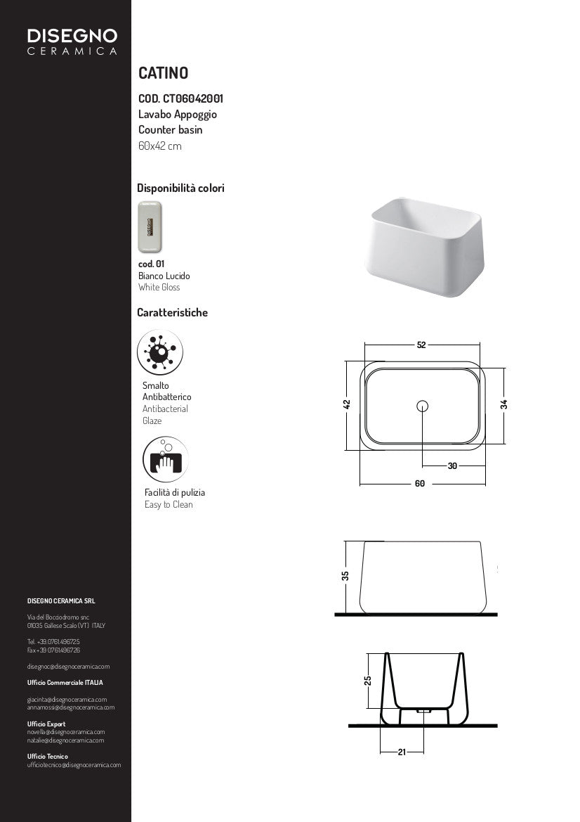 Lavabo Appoggio Rettangolare cm 60 Catino