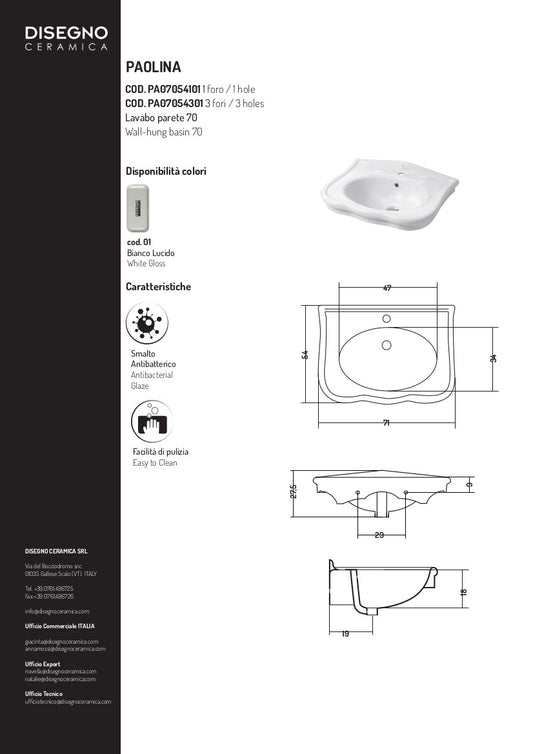 Lavabo Sospeso cm 70 Paolina