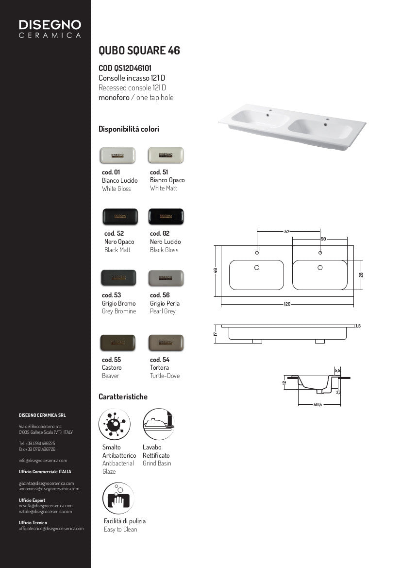 Consolle Doppiavasca da incasso cm 121x46 Qubo Square 46