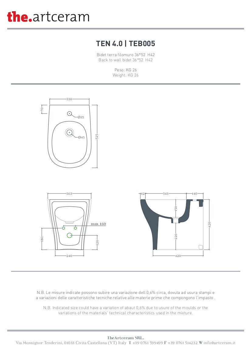 Bidet mural dos à dos 36x52 cm Ten 4.0