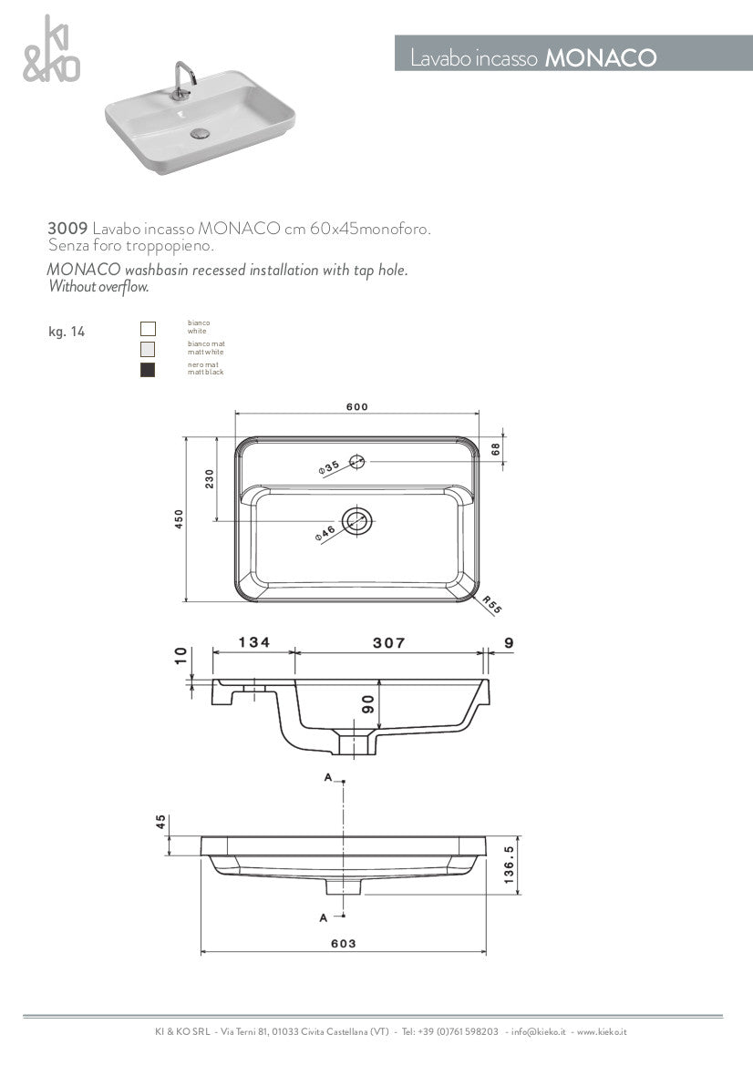 Lavabo incasso cm 60x45 Monaco