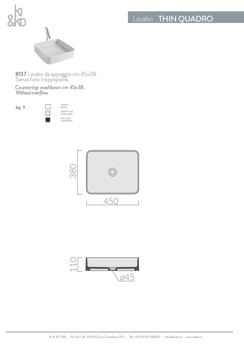 Lavabo quadrato da appoggio bordo fino Thin 38