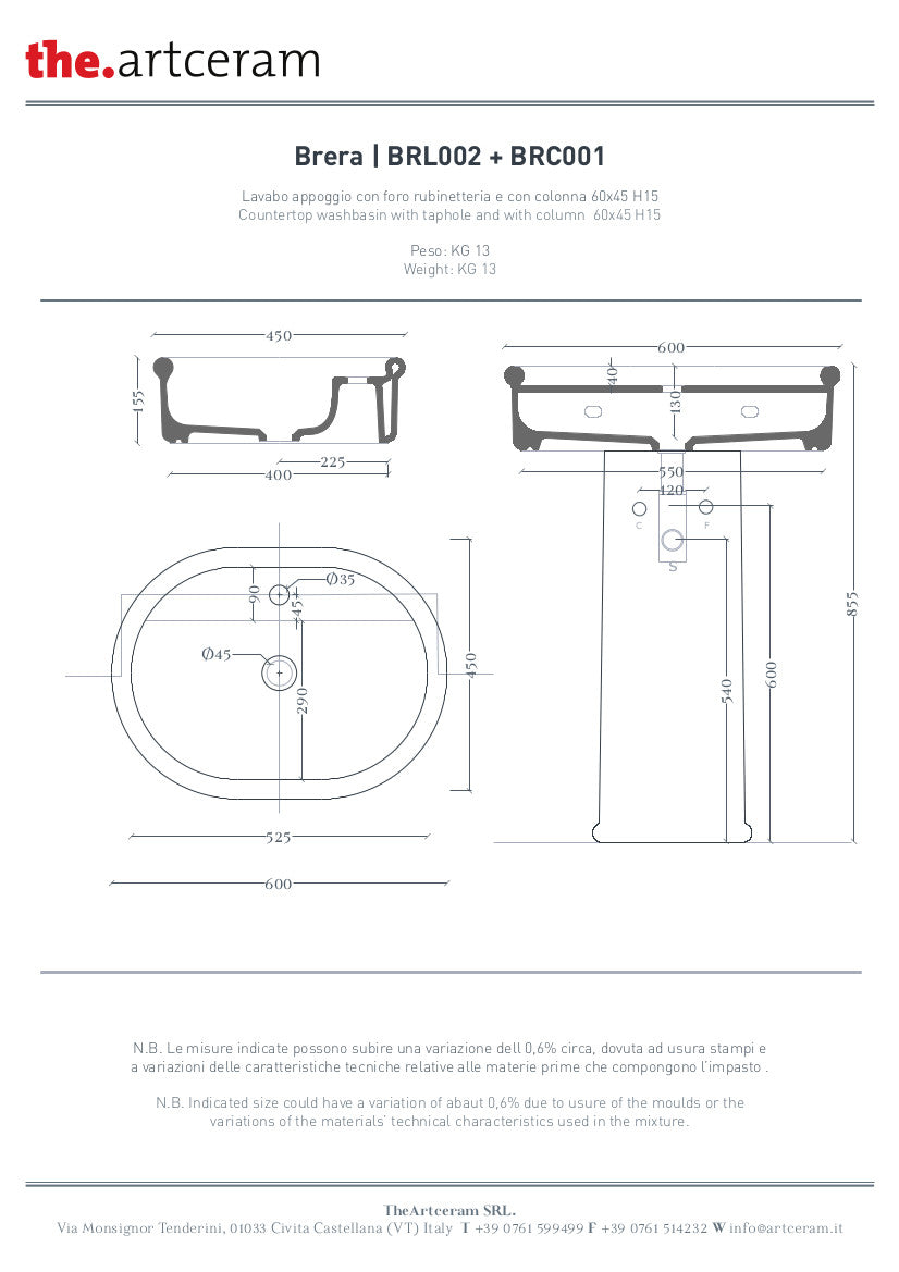 Lavabo Appoggio Ovale Monoforo cm 60x45 Brera