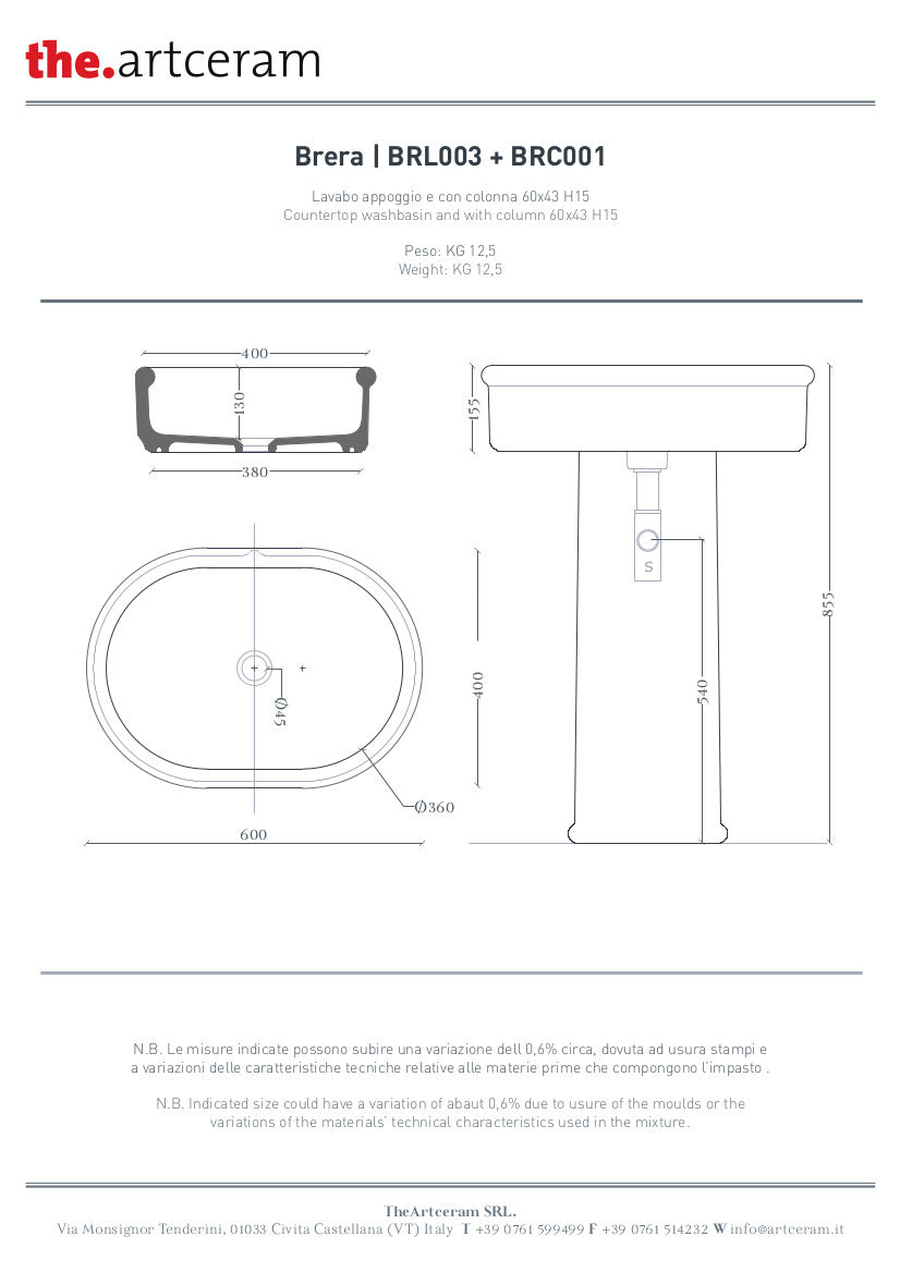 Lavabo Appoggio Ovale cm 60x40 Brera