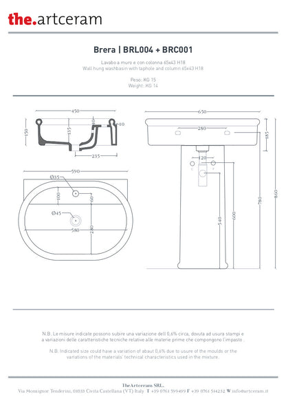 Lavabo Sospeso Ovale Monoforo cm 65x46 Brera