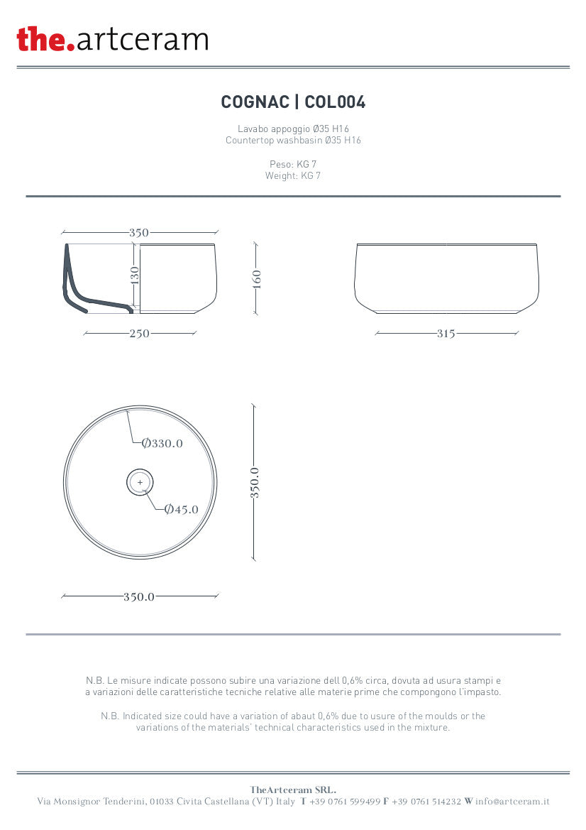 Lavabo Appoggio Cognac cm 35 Marmi & Graniglie