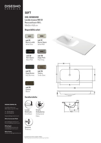 Lavabo da incasso con vasca a sinistra 106x51x h 16,8 cm Soft
