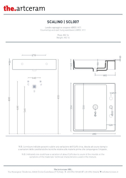 Lavabo sospeso/appoggio cm 55x48 Scalino