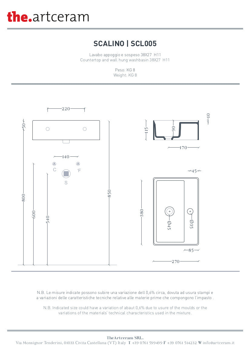 Lavabo sospeso/appoggio cm 38x27 Scalino