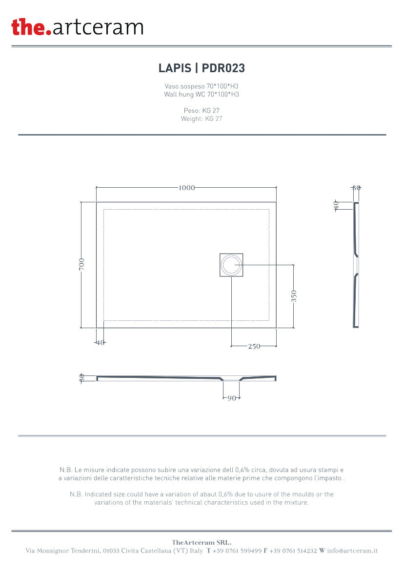 Piatto doccia 100x70 H3 Lapis