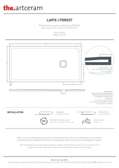 Piatto doccia 140x70 H3 Lapis