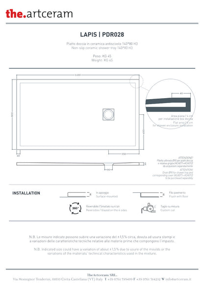 Piatto doccia 140x80 H3 Lapis