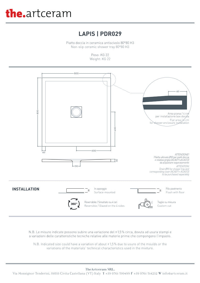 Piatto doccia 80x80 H3 Lapis